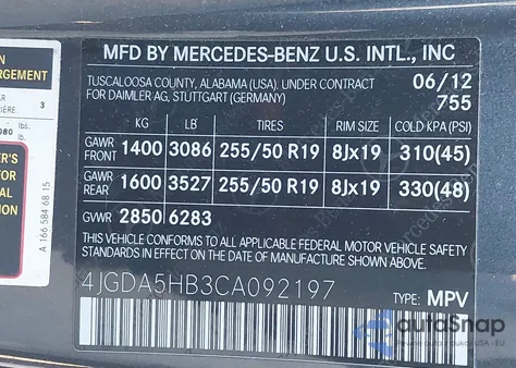 2012 Mercedes-Benz Ml 350 4Matic from USA, damaged, VIN 4JGDA5HB3CA092197